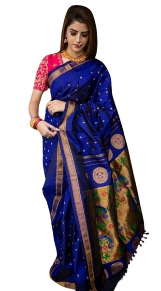 Mayawye Women's Silk Printed Saree With Unstitched Blouse 5.5Mtr (Blue)