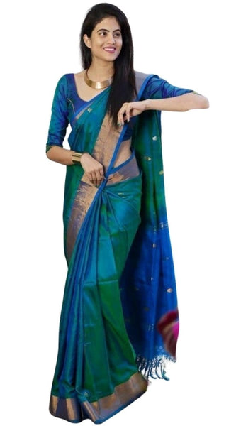Mayawye Women's Silk Printed Saree With Unstitched Blouse 5.5Mtr (Blue)