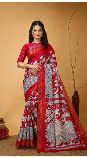 Mayawye Women's Soft Handloom Cotton Kalamkari Printed Saree With Unstitched Blouse 5.5Mtr (Pink)