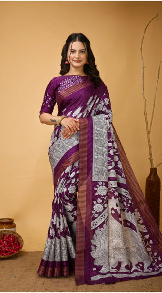 Mayawye Women's Soft Handloom Cotton Kalamkari Printed Saree With Unstitched Blouse 5.5Mtr (Purple)
