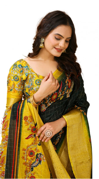 Mayawye Women's Soft Dola Cotton Kalamkari Printed Saree With Unstitched Blouse 5.5Mtr (Green)