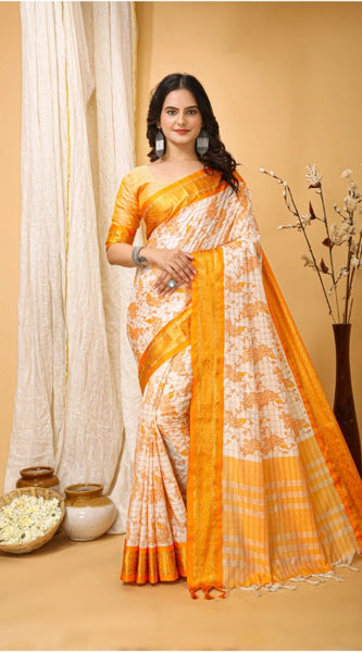 Mayawye Women's Soft Cotton Silk Printed Saree With Unstitched Blouse 5.5Mtr (Yellow)