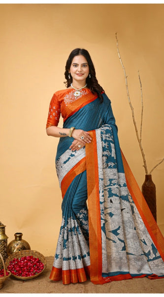 Mayawye Women's Soft Handloom Cotton Kalamkari Printed Saree With Unstitched Blouse 5.5Mtr (Teal Blue)