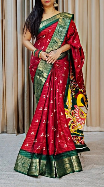 Mayawye Women's Soft Dola Cotton Kalamkari Printed Saree With Unstitched Blouse 5.5Mtr (Red)