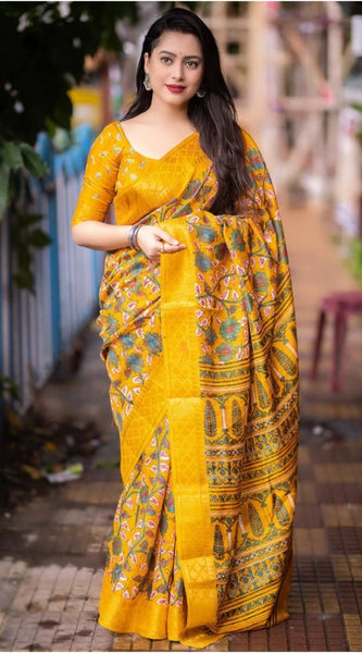 Mayawye Women's Soft Dola Cotton Kalamkari Printed Saree With Unstitched Blouse 5.5Mtr (Yellow)