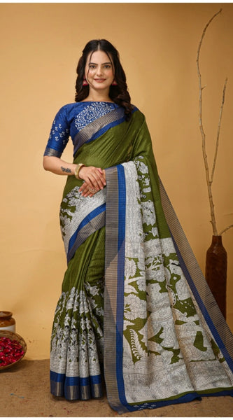 Mayawye Women's Soft Handloom Cotton Kalamkari Printed Saree With Unstitched Blouse 5.5Mtr (Mehendi)