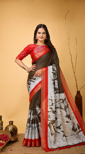 Mayawye Women's Soft Handloom Cotton Kalamkari Printed Saree With Unstitched Blouse 5.5Mtr (Brown)