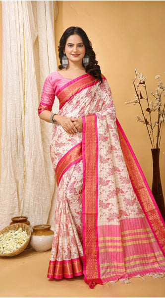 Mayawye Women's Soft Cotton Silk Printed Saree With Unstitched Blouse 5.5Mtr (Pink)