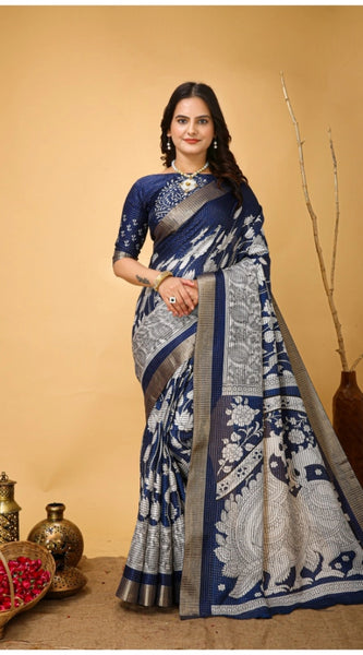 Mayawye Women's Soft Handloom Cotton Kalamkari Printed Saree With Unstitched Blouse 5.5Mtr (Blue)