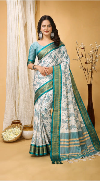 Mayawye Women's Soft Cotton Silk Printed Saree With Unstitched Blouse 5.5Mtr (Turquoise)
