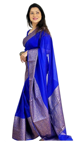 Mayawye Women's Soft Lichi Silk Solid Saree With Unstitched Blouse 5.5Mtr (Blue)
