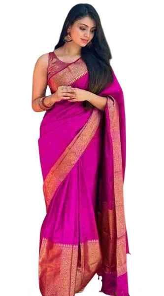 Mayawye Women's Soft Lichi Silk Solid Saree With Unstitched Blouse 5.5Mtr (Pink)
