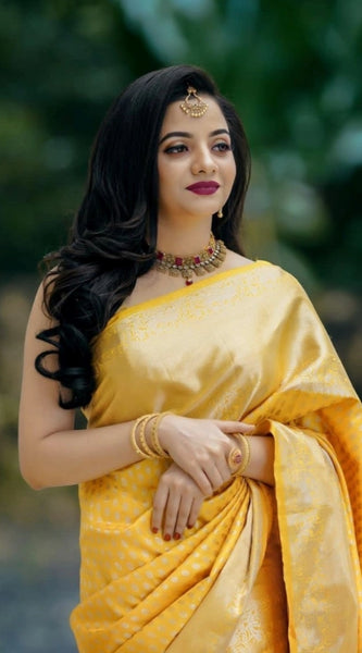 Mayawye Women's Soft Lichi Silk Printed Saree With Unstitched Blouse 5.5Mtr (Yellow)