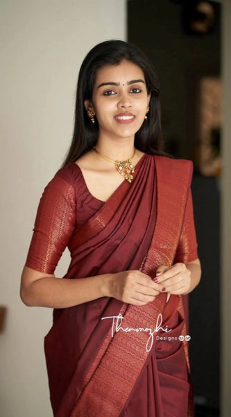 Mayawye Women's Soft Lichi Silk Solid Saree With Unstitched Blouse 5.5Mtr (Maroon)