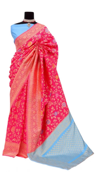 Mayawye Women's Banarasi Printed Saree With Unstitched Blouse 5.5Mtr (Rani)