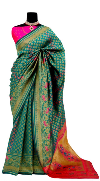 Mayawye Women's Banarasi Printed Saree With Unstitched Blouse 5.5Mtr (Rama)