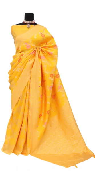 Mayawye Women's Banarasi Printed Saree With Unstitched Blouse 5.5Mtr (Yellow)