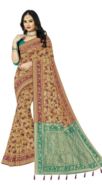 Mayawye Women's Banarasi Printed Saree With Unstitched Blouse 5.5Mtr (Purple)