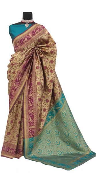 Mayawye Women's Banarasi Printed Saree With Unstitched Blouse 5.5Mtr (Purple)
