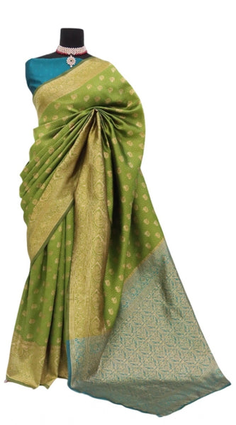 Mayawye Women's Banarasi Printed Saree With Unstitched Blouse 5.5Mtr (Mehendi Green)