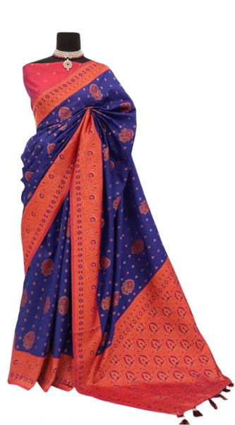 Mayawye Women's Banarasi Printed Saree With Unstitched Blouse 5.5Mtr (Navy Blue)