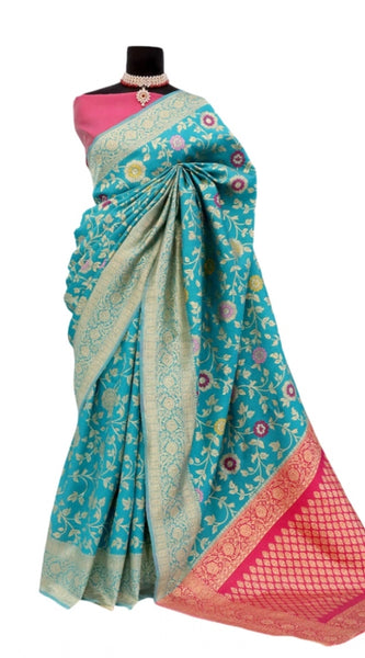 Mayawye Women's Banarasi Printed Saree With Unstitched Blouse 5.5Mtr (Rama)