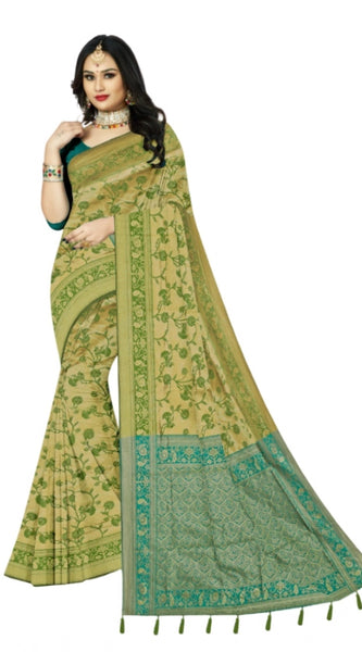 Mayawye Women's Banarasi Printed Saree With Unstitched Blouse 5.5Mtr (Green)