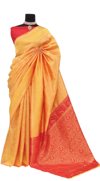 Mayawye Women's Banarasi Printed Saree With Unstitched Blouse 5.5Mtr (Yellow)