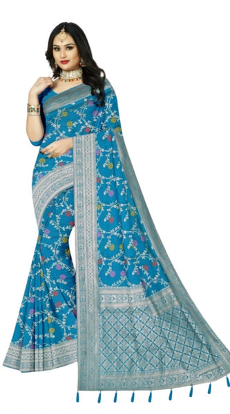 Mayawye Women's Banarasi Printed Saree With Unstitched Blouse 5.5Mtr (Aqua Blue)