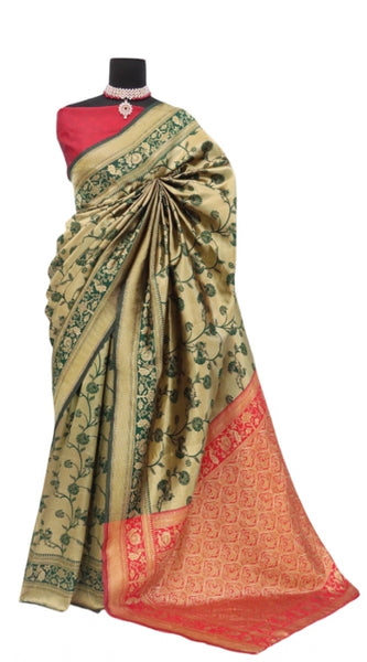 Mayawye Women's Banarasi Printed Saree With Unstitched Blouse 5.5Mtr (Golden)