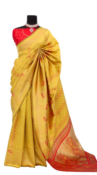 Mayawye Women's Banarasi Printed Saree With Unstitched Blouse 5.5Mtr (Yellow)