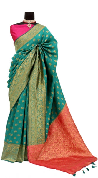 Mayawye Women's Banarasi Printed Saree With Unstitched Blouse 5.5Mtr (Rama)