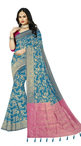 Mayawye Women's Banarasi Printed Saree With Unstitched Blouse 5.5Mtr (Aqua Blue)