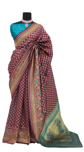 Mayawye Women's Banarasi Printed Saree With Unstitched Blouse 5.5Mtr (Purple)