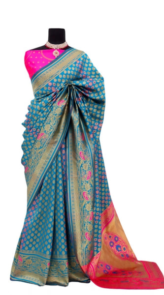 Mayawye Women's Banarasi Printed Saree With Unstitched Blouse 5.5Mtr (Aqua Blue)