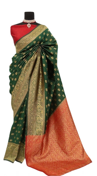 Mayawye Women's Banarasi Printed Saree With Unstitched Blouse 5.5Mtr (Green)