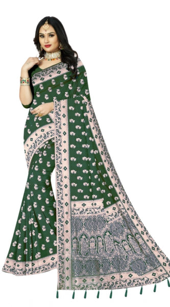 Mayawye Women's Satin Printed Saree With Unstitched Blouse 5.5Mtr (Green)