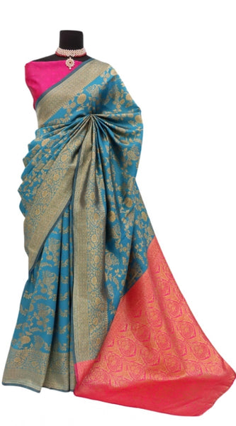 Mayawye Women's Banarasi Printed Saree With Unstitched Blouse 5.5Mtr (Aqua Blue)