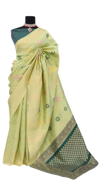Mayawye Women's Banarasi Printed Saree With Unstitched Blouse 5.5Mtr (Light Green)