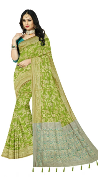 Mayawye Women's Banarasi Printed Saree With Unstitched Blouse 5.5Mtr (Mehndi)
