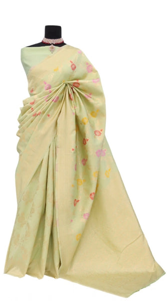 Mayawye Women's Banarasi Printed Saree With Unstitched Blouse 5.5Mtr (Pista)