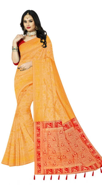 Mayawye Women's Banarasi Printed Saree With Unstitched Blouse 5.5Mtr (Yellow)