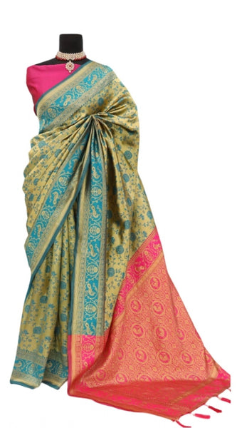 Mayawye Women's Banarasi Printed Saree With Unstitched Blouse 5.5Mtr (Golden)