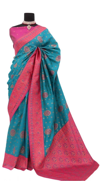 Mayawye Women's Banarasi Printed Saree With Unstitched Blouse 5.5Mtr (Aqua Blue)