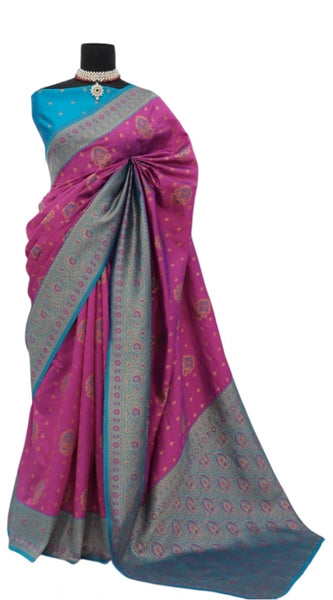 Mayawye Women's Banarasi Printed Saree With Unstitched Blouse 5.5Mtr (Purple)