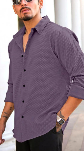 Mayawye Men's Casual Popcorn Self-design Full Sleeve Collar Shirt (Wine)