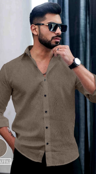 Mayawye Men's Casual PollyCotton Textured Full Sleeve Collar Shirt (Grey)