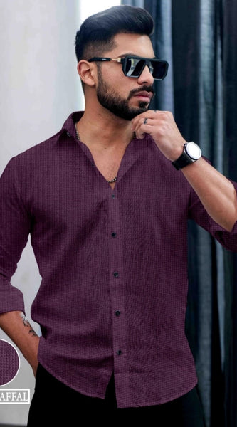 Mayawye Men's Casual PollyCotton Self-design Full Sleeve Collar Shirt (Wine)