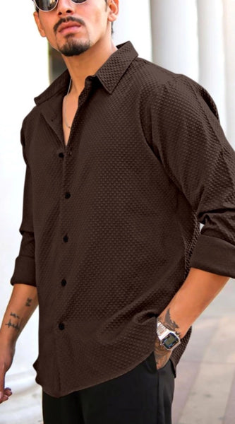 Mayawye Men's Casual Popcorn Self-design Full Sleeve Collar Shirt (Brown)