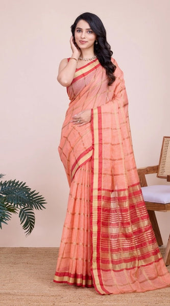 Mayawye Women's Cotton Silk Checkered Kota Doria Saree With Unstitched Blouse (5.5Mtr, Peach)